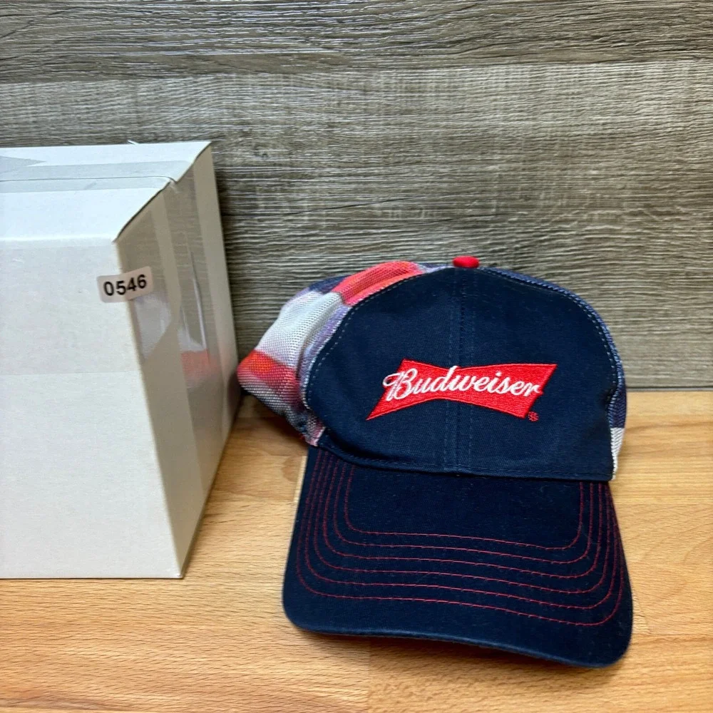 Budweiser Hat‎ Cap Strap Back Blue Beer Bud Drinking USA Flag Black K Products